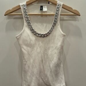 H&M White Ribbed Tank Top with Chain Detail